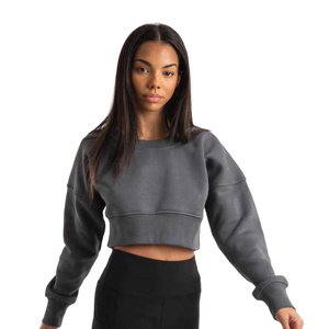 Top corto de manga larga con cuello redondo, sudadera informal sólida con logotipo personalizado para entrenamiento, Jersey recortado para mujer, transpirable personalizada - Product Image 1