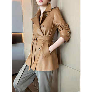 Veste coupe-vent en cuir de mouton véritable pour femmes avec col tailleur mi-long ceinturé respirant - Product Image 4