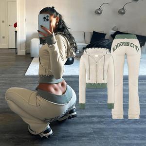 Ensemble de survêtement Patch de détresse pour femmes de haute qualité sweat à capuche court zippé mince et pantalon de survêtement pile hauts courts en gros - Product Image 2