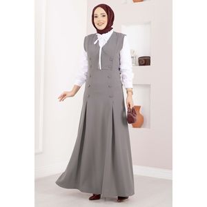 Elegante Conjunto Casual de Dos Piezas: Camisa Gris de Crepé y Chaleco con Botones, Corte Holgado, Estilo Corto - Product Image 1