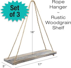 Étagères suspendues en bois vieilli rustique: 17 pouces avec étagères flottantes en corde pivotante (blanchi à la chaux-lot de 3) - Product Image 2