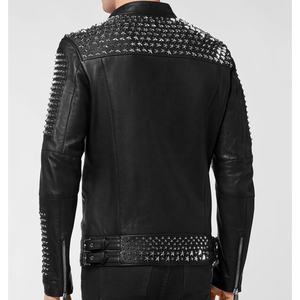 Veste cloutée en cuir pour homme, nouveau Style motard noir en peau de vache véritable - Product Image 6