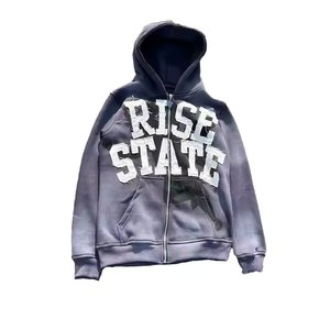 <b>Top</b> Applique Embroidery Distressed Hoodie Rhinestone <b>Zip</b> <b>up</b> Jacket Acid Wash Vintage Washed <b>Men</b> Fleece Streetwear Hoodie - Product Image 3