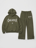 Ensemble survêtement molletonné oversize imprimé vert olive délavé et vieilli, style streetwear, deux pièces, pour l'hiver