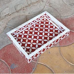 Plateau de service en bois rectangle à motif moderne fait à la main avec incrustation de nacre pour le ramadan et les plateaux décoratifs de mariage - Product Image 2