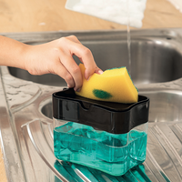 Afossa Distributeur de savon à vaisselle en plastique à double compartiment avec support pour éponge, pompe doseuse, conteneur transparent pour éviers de cuisine, facile à utiliser, rechargeable