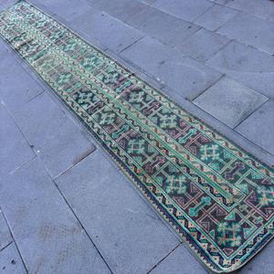 Vintage <b>Runner</b> Rug 1.7x11.5 ft, Blue <b>Green</b> Ikat Rug Wool - Product Image 4