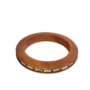 Slim Profile Natural Wood Bangle with <b>Cream</b> Mosaic Inlay - Traditional Tribal Style Handcrafted Wooden Bracelet - Lightweight - Product Image 3