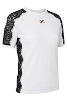 Chemisier en tricot doux texturé pour femme, chic, avec bordure en dentelle, col rond, manches courtes, t-shirt en tricot élégant pour femme, hauts d'été