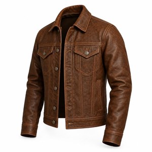 Blouson moto homme en cuir véritable marron, style urbain, écologique, teint uni, col rabattu, simple boutonnage, coupe droite, automne - Product Image 3