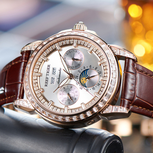 Reloj mecánico multifuncional de lujo Reef Tiger para hombre, relojes clásicos automáticos luminosos de cuero con diamantes de oro rosa RGA1988 - Product Image 1