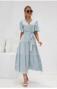 Vestido largo informal de rayón para mujer, vestido largo hasta el tobillo con tinte liso, cuello en V, Media manga, para vacaciones de verano - Product Image 4