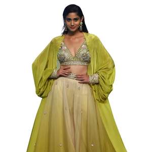 Citrus Green Palazzo Set With <b>Cape</b> Wholesale <b>Women</b> Ethnic Apparel OEM Clothing Factory Supplier Custom Party Wedding Outfit - Product Image 1