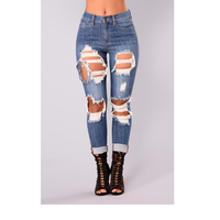 Celana Panjang Wanita Model Kasual Kancing Solid Ukuran Besar Warna Biru Denim Belah Model Skinny Pinggang Tinggi Bahan Bernapas Distressed