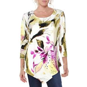 Top da Donna Alfani con Stampa Floreale e Orlo Asimmetrico, Nero, Taglia Extra Large, Stile Casual in Chiffon di Seta per Primavera/Estate - Product Image 1