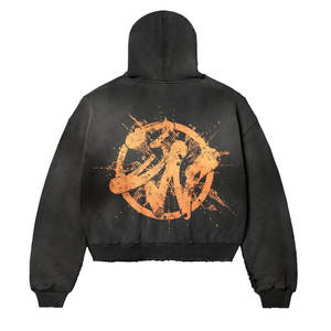 Wholesale Men's Vintage <b>Hoodie</b> 100% Cotton 400gsm <b>Zip</b> <b>Up</b> <b>Cropped</b> Hem Acid Wash Applique <b>Hoodie</b> With Autumn Edition - Product Image 6