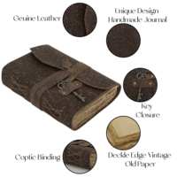 Journal de poche artisanal en cuir marron foncé antique, carnet de planification et d'agendas à couverture gravée de fleurs, reliure à cheval, couverture rigide