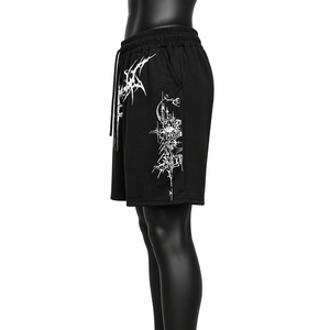 Shorts décontractés pour hommes personnalisés, noirs, style streetwear, en coton molletonné, avec imprimé graphique gothique, taille élastique, OEM ODM - Product Image 4