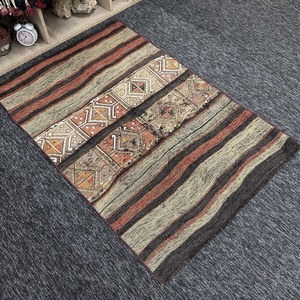 3.1x4.5 ft Rug, Vintage Turkish Rug, <b>Brown</b> Green Geometric <b>Wool</b> Rug - Product Image 3