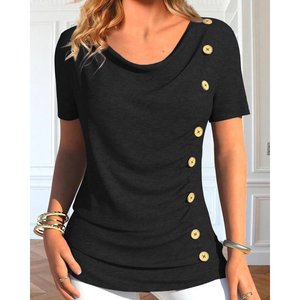 Blusa de viscosa con botones laterales y cuello redondo de manga corta para mujer, 33576 - Product Image 1