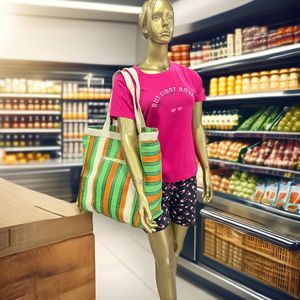 Sac à provisions en nylon réutilisable écologique avec fermeture à glissière RPET Sacs de plage en plastique recyclé tissé à la main fabriqués en Inde - Product Image 1