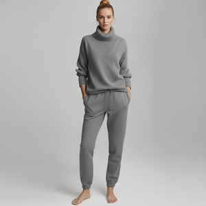 ชุดเสื้อสเวตเตอร์ไหมพรมถักแบบกำหนดเองสำหรับฤดูหนาว พร้อมโลโก้ด้านหน้าและกางเกงจ็อกเกอร์สำหรับผู้หญิง - Product Image 2