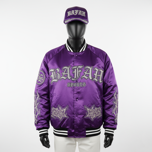 Veste universitaire en satin brillant de qualité supérieure couleur violette avec poignets côtelés et veste en satin avec logo brodé personnalisé pour homme - Product Image 1
