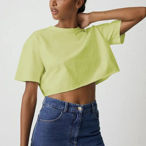 Camiseta de cuello redondo en blanco con dobladillo enrollado a la moda con logotipo personalizado OEM, camisetas informales para bebés para mujer, Camiseta corta con serigrafía OEM para mujer - Product Image 3