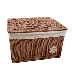 柳条编织盒藤篮海草箱组织者盖水果杂物野餐盒矩形盖壁橱篮储物