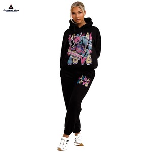 Conjunto de chándal Jogger de dos piezas con logotipo personalizado para mujer, Sudadera con capucha de estilo deportivo de invierno con estampado de felpa y lana de seda de otoño - Product Image 5