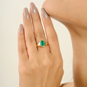 Colección hecha a mano de tendencia de 100% anillo de sello grueso con ajuste de punta de Esmeralda natural para joyería de oro amarillo sólido Unisex de 14K - Product Image 4