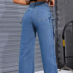 Pantalones vaqueros de pierna recta para mujer de talle alto diseño personalizado detalles de encaje lateral transpirable de alta calidad pantalones vaqueros de mujer estilo holgado - Product Image 6