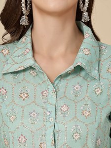 Kurta Palazzos de Verano de Manga Larga, Elegante, de Algodón Puro, con Estampado Floral Verde Mar, Estilo Moderno y de Excelente Calidad - Product Image 2