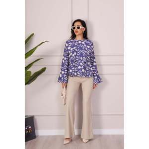 Blusa Elegante con Cuello de Lazo y Volantes en Capas para Mujer, Marca LUSTRIN, en Tela de Mezcla de Modal y Viscosa Color Índigo, para Uso Casual y de Oficina - Product Image 1