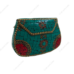 Handmade <b>Green</b> Mosaic <b>Clutch</b> Bag with Red Inlay Metal Evening Party Wedding Designer Handbag Luxury Purse for Women - Product Image 2