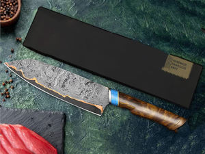 Couteau de cuisine artisanal de qualité supérieure, lame en acier damas cuivré, manche en bois avec étui, cadeau d'anniversaire, cadeau de Noël, cadeau de mariage. - Product Image 2