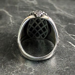 Men's Handmade Sterling <b>Silver</b> Cocktail <b>Ring</b> Oval White Agate Gemstone Royal Style Floral Fleur De Lys Symbol Bezel Setting - Product Image 6