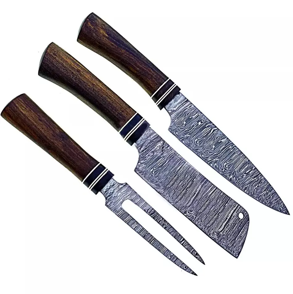 Conjunto de escultura de madeira aço damasco, jogo de garfo e faca de aço com 3 facas de cozinha
