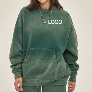 Sudaderas con capucha de felpa francesa de algodón a la moda deportiva para mujer, sudadera gruesa de peso pesado, lavado ácido, desteñida, desgastada, rasgada, Invierno - Product Image 1