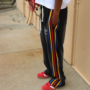 กางเกงวอร์มผู้ชายลายทางสไตล์วินเทจผ้าเฟรนช์เทอร์รี่ใส่ปกติระบายอากาศได้พอดีมีเชือกรูดแบบลำลองย้อมสี - Product Image 4