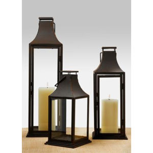 Ensemble de 3 lanternes de décoration de vaisselle en métal et verre de différentes tailles lanterne en métal de fer enduit de poudre noire en Inde - Product Image 1