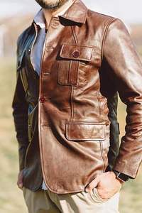 Chaqueta de cuero genuino para hombre Vintage cuatro bolsillos cuello alto cinco botones calidad superior impermeable estilo de calle - Product Image 5