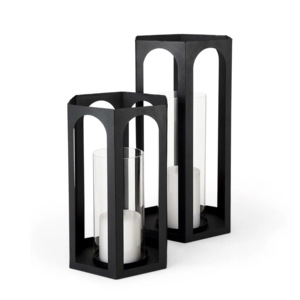 Set 2 Black Glass <b>Candle</b> <b>Lanterns</b> Metal Chimney Outdoor Pillar <b>Holder</b> Lights for Home Decor Weddings Ramadan Easter Celebrations - Product Image 6
