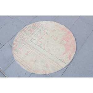 Alfombra Turca Redonda de 2.9x2.9 pies (88x88 cm), Alfombra de Lana Blanca Vintage con Diseño Floral - Product Image 3