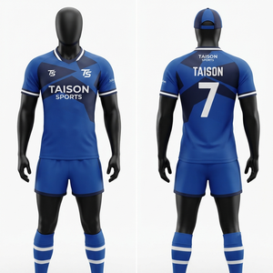 Uniforme de rugby personnalisé en polyester interlock 220 GSM, bleu royal avec empiècements bleu marine, logo d'équipe sublimé - Product Image 1