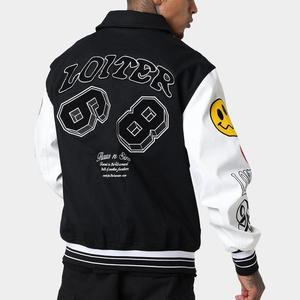 แจ็กเก็ตเบสบอลผ้าฟลีซแขนหนังแท้สีดำปักด้วยกำมะหยี่สไตล์ฤดูหนาวงานตามสั่ง - Product Image 4