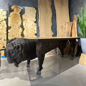 Mesa de Comedor de Lujo Hecha a Mano con Escultura de Bisonte en Madera de Olmo Sólido, Mesa Artística para Villa, Galería y Oficina Ejecutiva - Product Image 1