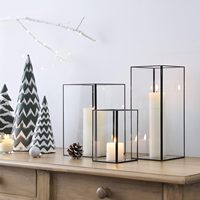 Moderne Quadratische Hurricane-Kerzenhalter Set 3-teilig Transparentes Glas Metall Schwarzer Rand Umweltfreundlich Ostern Handgefertigt Zuhause