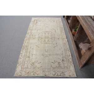 Tapis en laine turque vintage de 3.5x6,7 pieds, tissage plat design patchwork beige et marron avec support en latex pour décorations de salon - Product Image 1