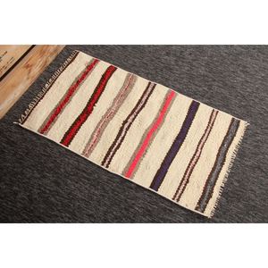 พรมตุรกีขนาดเล็ก 1.8x3.2 ฟุต พรมวินเทจ พรมลายทางสีเบจ KLM - Product Image 4